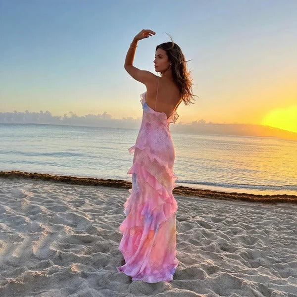 Women's Floral Maxi Dress Ruffle V-Neck Spaghetti Strap