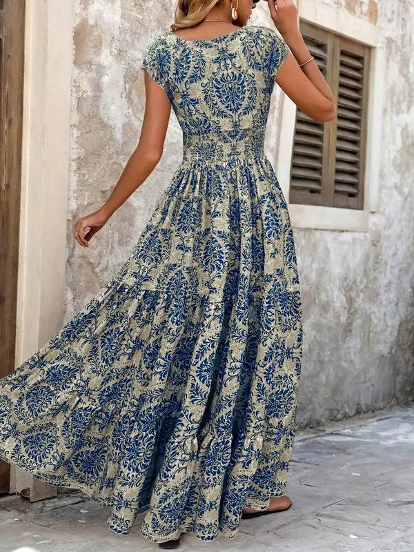 Women's Boho Maxi Dress Smocked Print Tiered