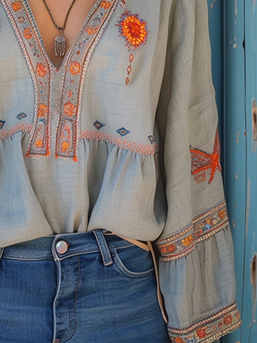 Women's Embroidered Blouse Long Sleeve V-Neck Cotton