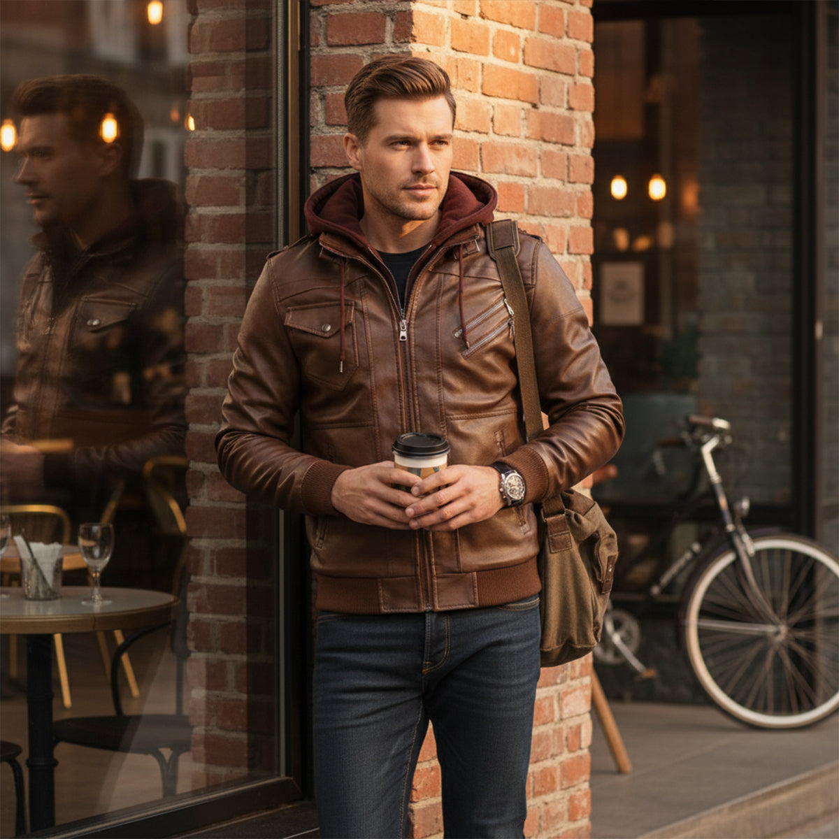 Men's Leather Hooded Jacket With Pockets