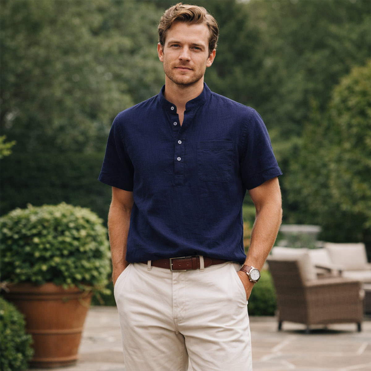 Men's Soft Cotton Linen Henley Shirt