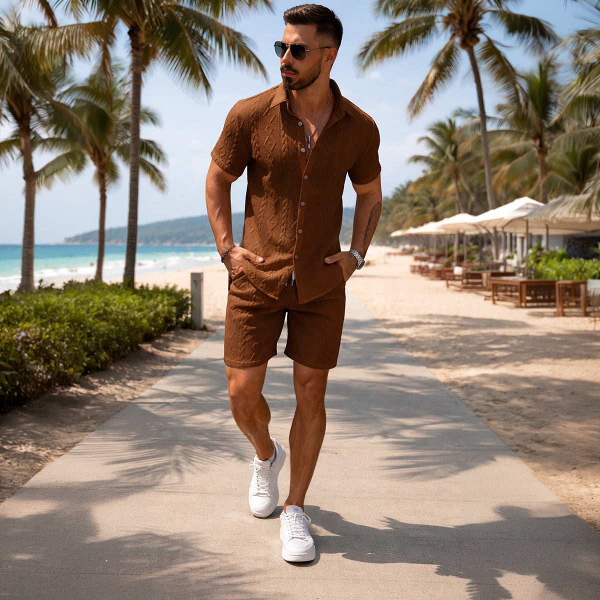Men's Summer Shirt And Shorts Set Textured Lightweight