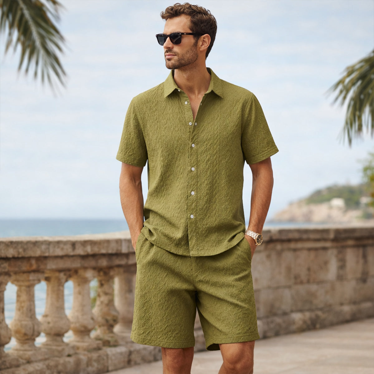 Men's Textured Summer Shirt And Shorts Set
