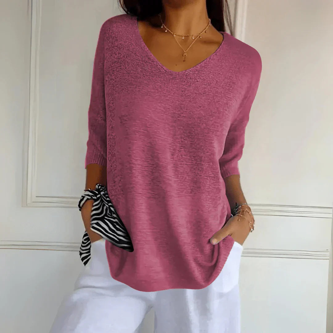 Women's V-Neck Knit Shirt Three-Quarter Sleeve