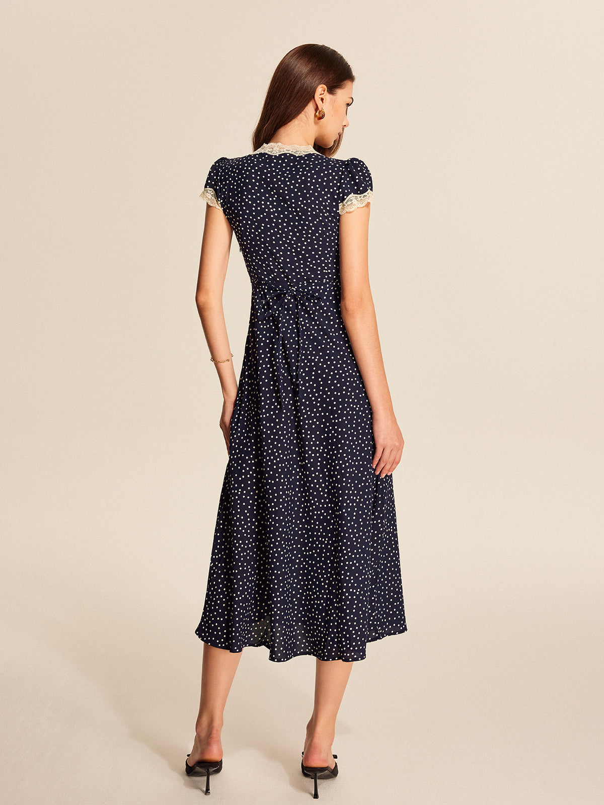 Women's V-Neck Cap Sleeve Midi Dress Polka Dot Lace Trim