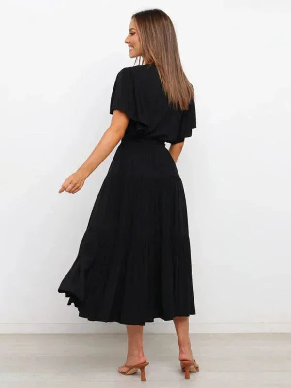 Women's Ruffle Midi Dress V-Neck Short Sleeves