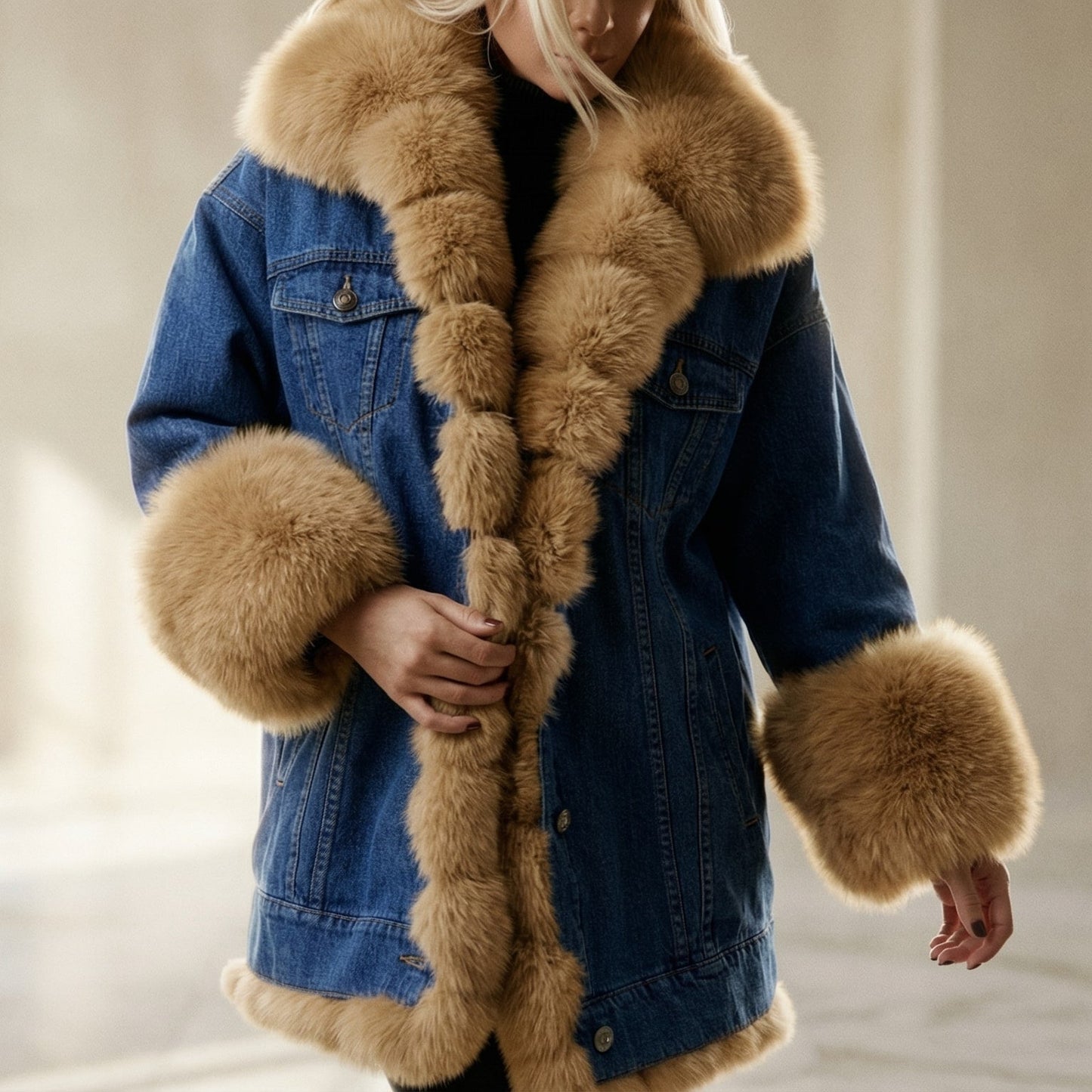 Image of Violet | Women's Long Sleeve Denim Jacket with Fur Collar