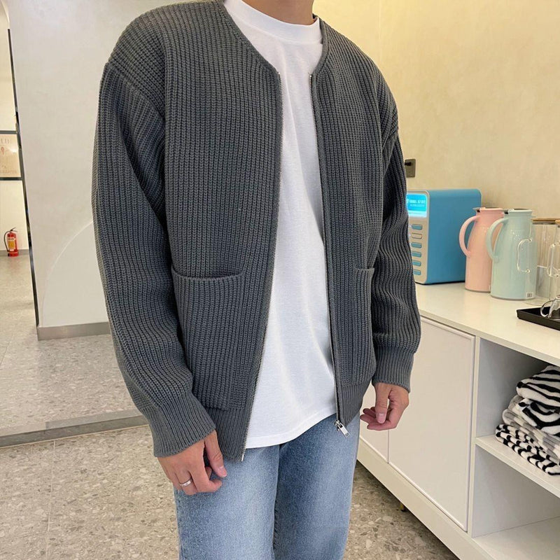 Men's Zip-Up Cardigan Sweater Ribbed Knit Round Neck Beige