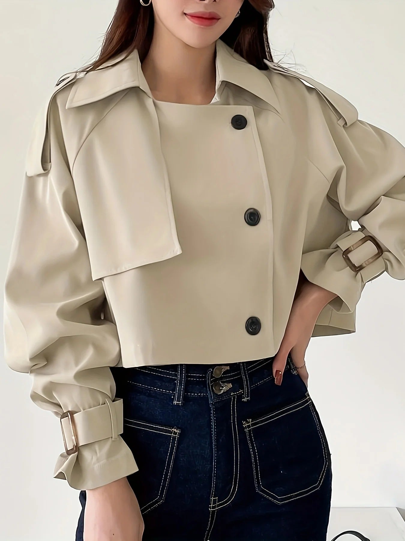 Women's Short Trench Coat Casual Water-Resistant Beige - Fashinoza