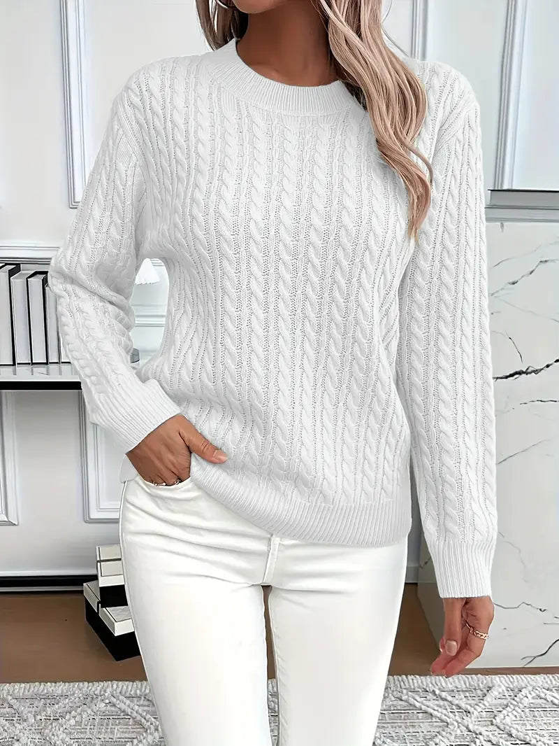 Women's Cable Knit Sweater White - Fashinoza
