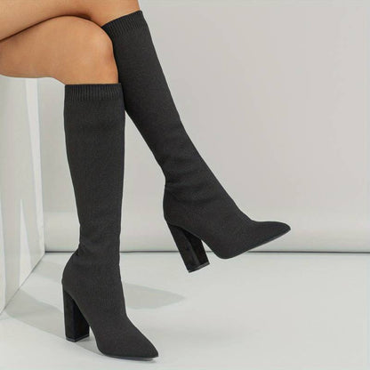 Women's Knitted Sock Boots Ribbed Pointed Toe Knee-Length - 
Fashinoza