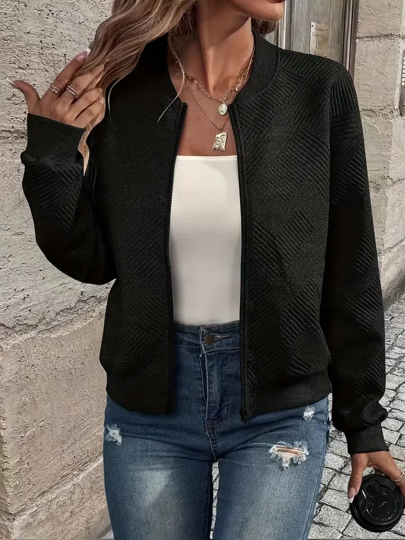 Women's Zip-Up Cardigan Textured Ribbed Hem Long Sleeves