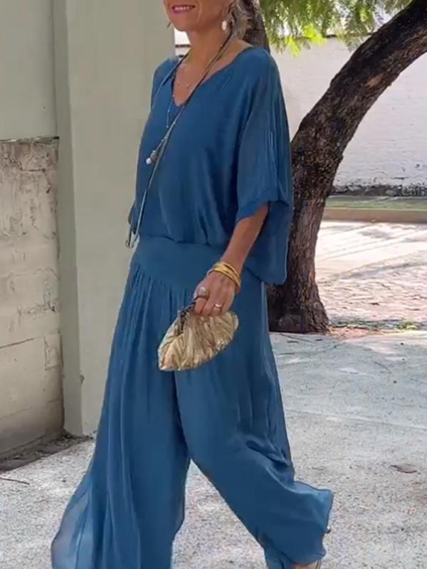 Women's V-Neck Jumpsuit Wide Leg Batwing Sleeve 2 Piece