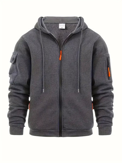 Men's Zip-Up Hoodie Cotton Drawstring Functional Pockets Black