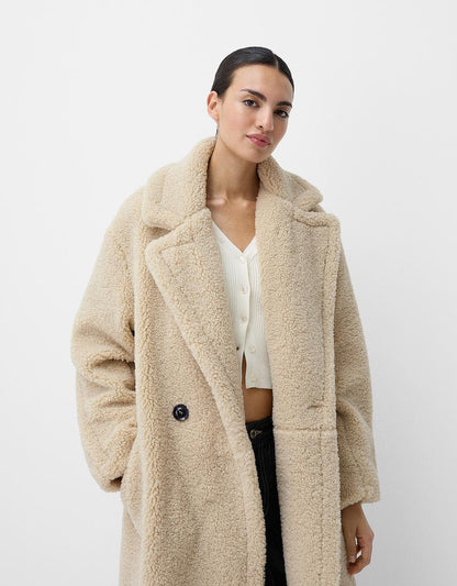 Women's Teddy Fur Coat Oversized Lapel Collar Button Front - Fashinoza