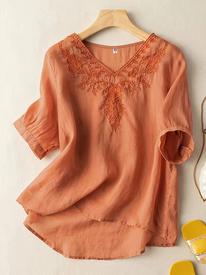 Women's Embroidered V-Neck Tunic Blouse Relaxed Fit - 
Fashinoza