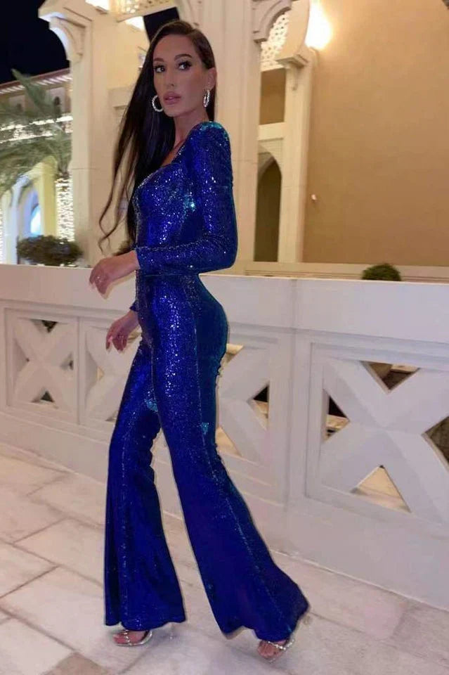 Women's Sequin Jumpsuit Corset Detail Flared Legs