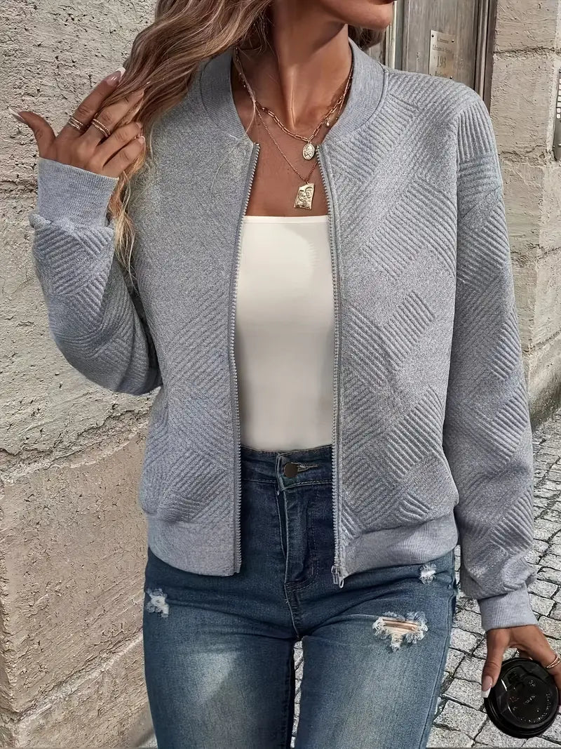 Women's Zip-Up Cardigan Textured Ribbed Hem Long Sleeves