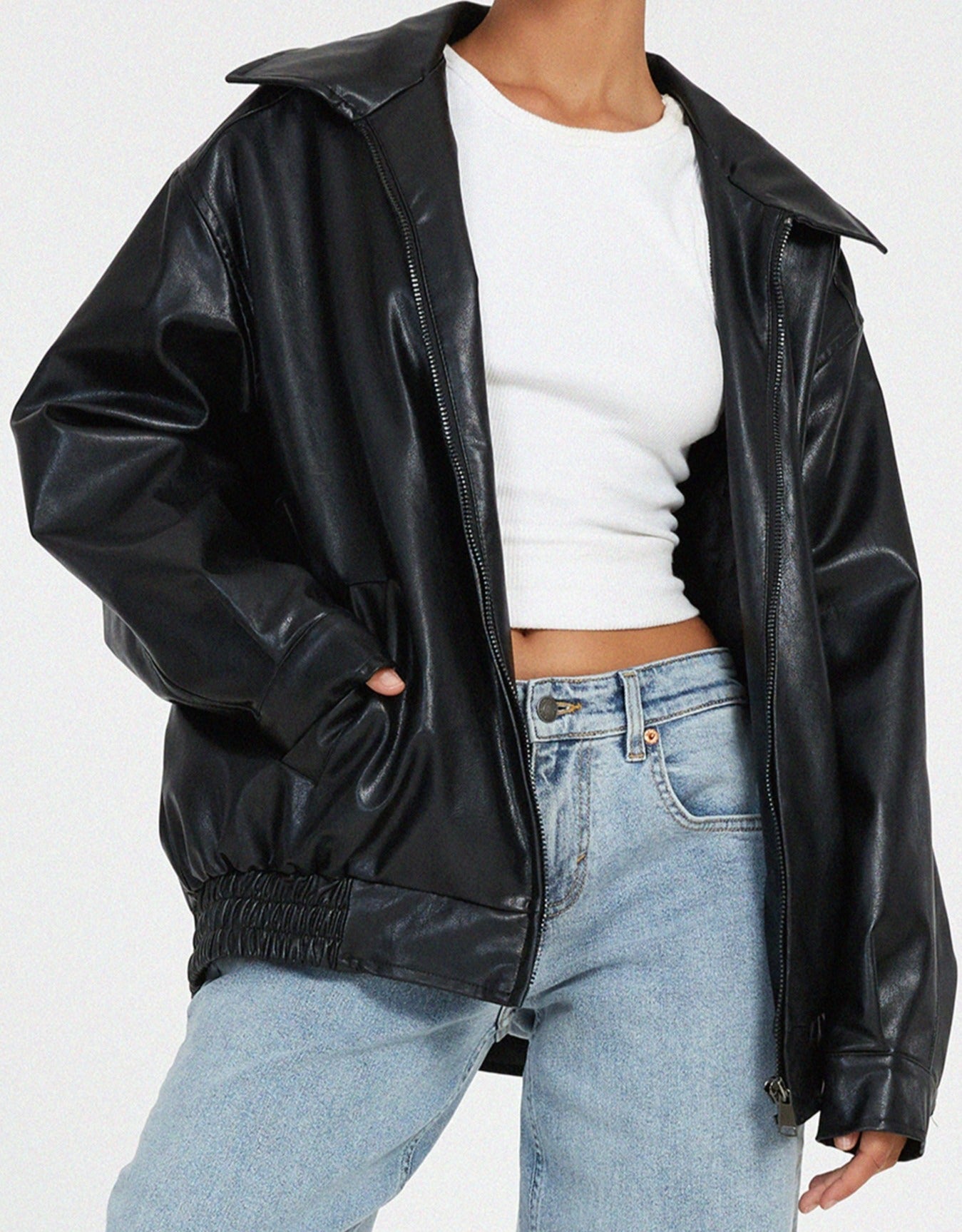 Women's Leather Zip Up Jacket High Collar Relaxed Fit Black