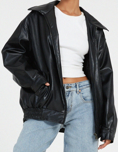 Women's Leather Zip Up Jacket High Collar Relaxed Fit Black