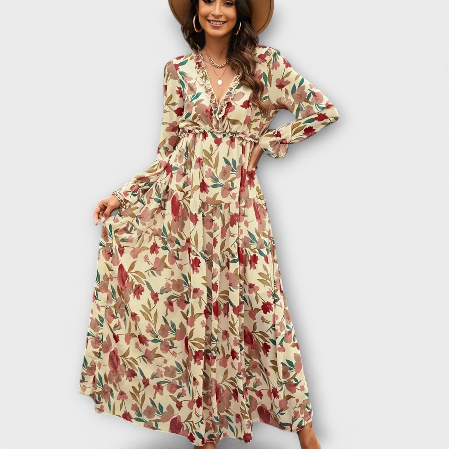 Women's Floral V-Neck Tiered Dress