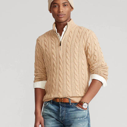 Men's Cable Knit Jumper Half-Zip Textured Cream