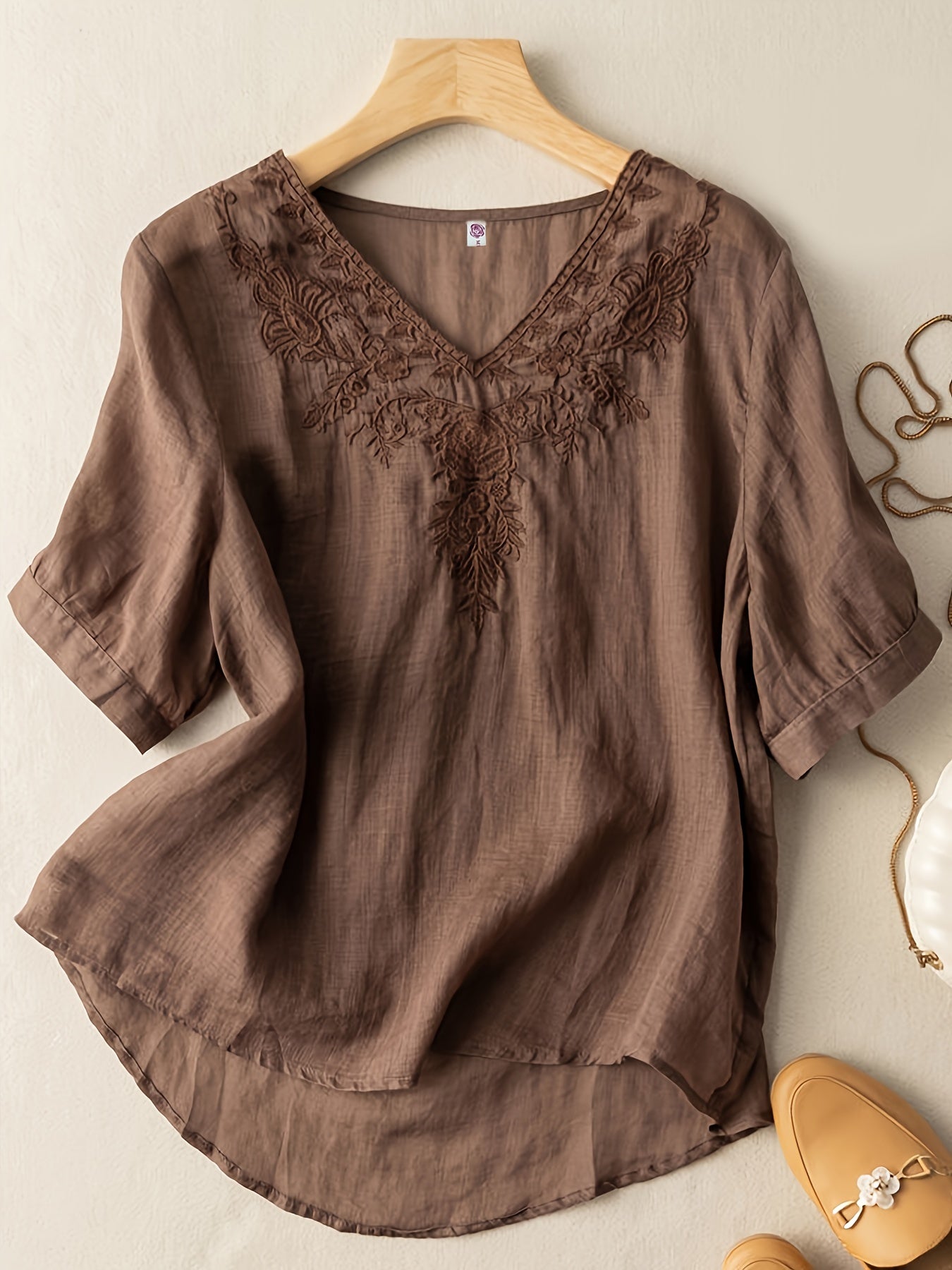Women's Embroidered V-Neck Tunic Blouse Relaxed Fit