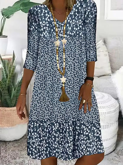 Relaxed Spring Printed V-Neck Midi Dress