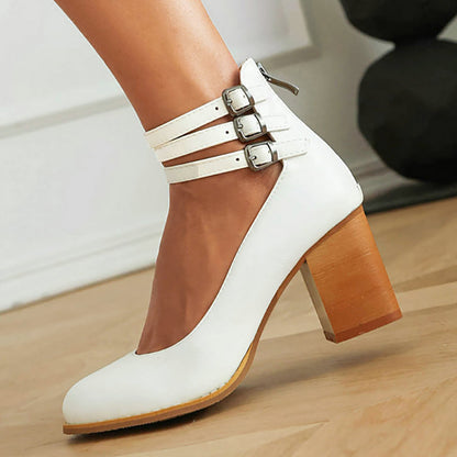 Women's Ankle Strap Sandals Smooth Leather Thick Heel