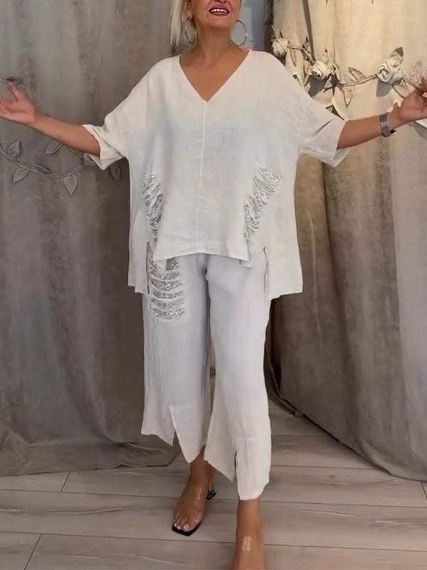 Women's 2 Piece V-Neck And Cropped Pants Set - Fashinoza