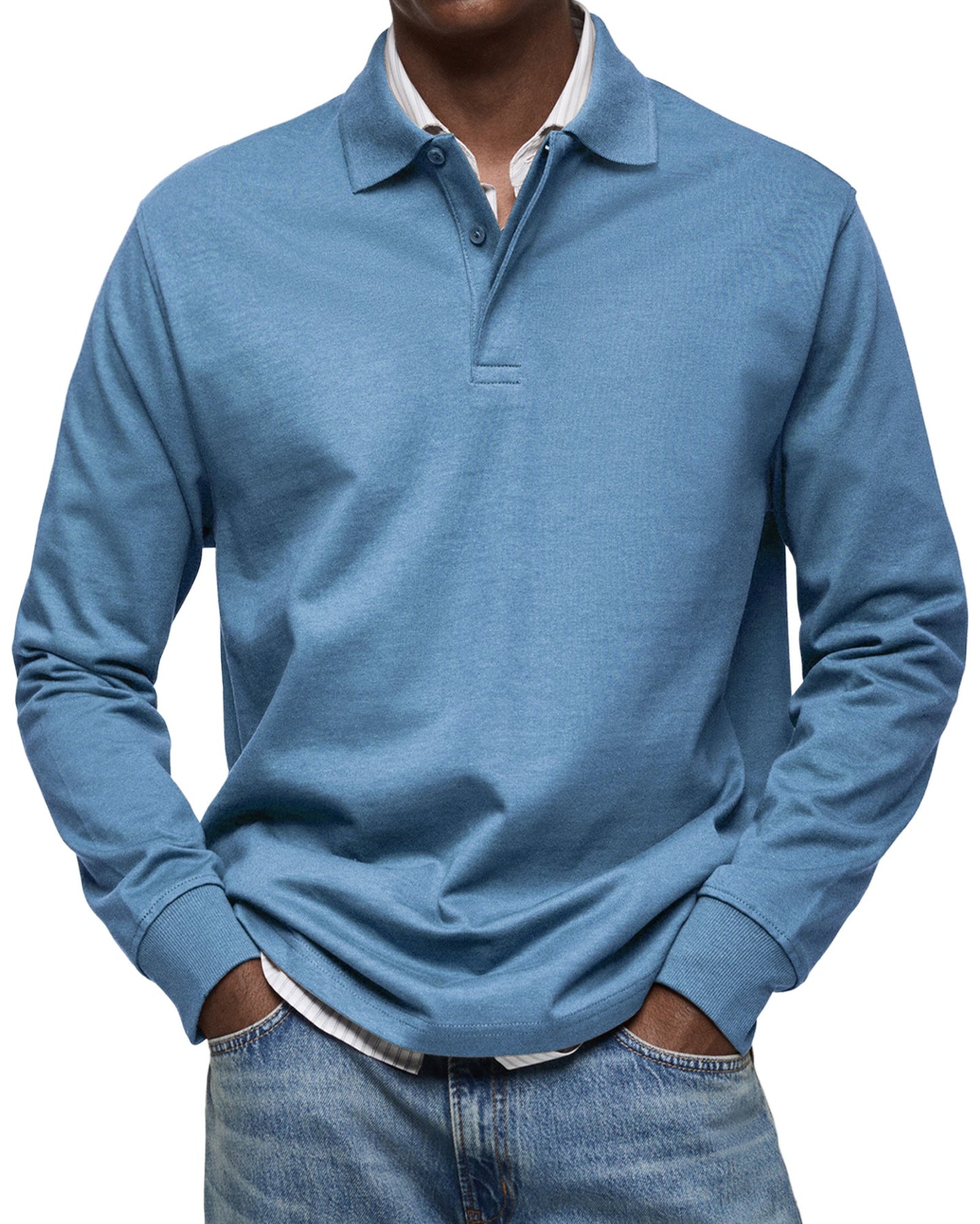 Men's Long-Sleeve Polo Shirt Cotton Button Collar