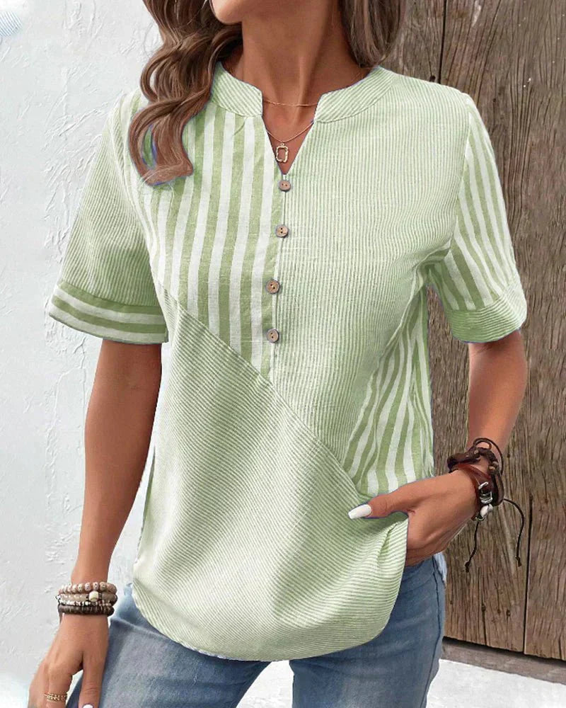 Women's Striped Short Sleeve Henley Blouse