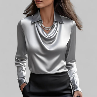 Rose | Women’s Draped Neck Long Sleeve Satin Blouses Caliboot