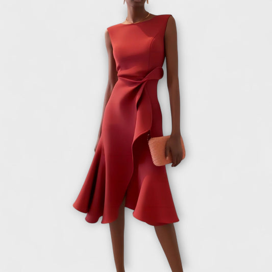 Women's Sleeveless Midi Dress Round Neck Draped Waist Asymmetric Hem - 
Fashinoza