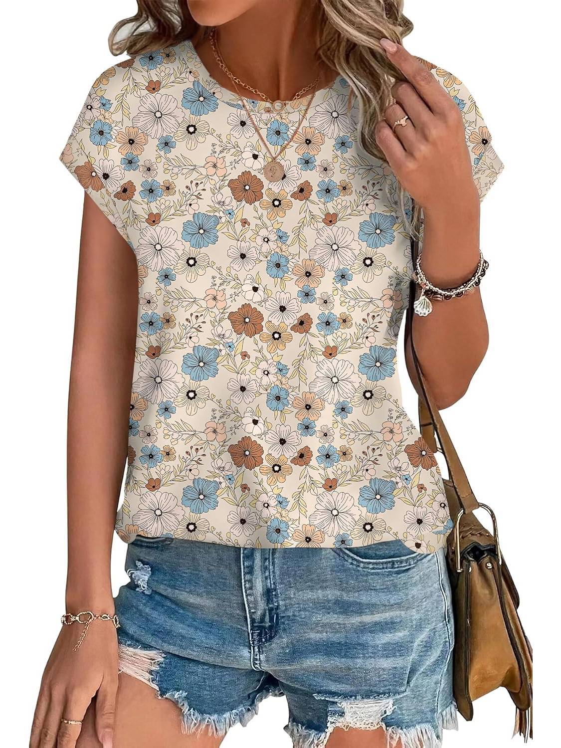 Women's Leaf Print Casual Cap Sleeve Crew Neck