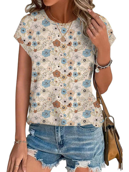 Women's Leaf Print Casual Cap Sleeve Crew Neck
