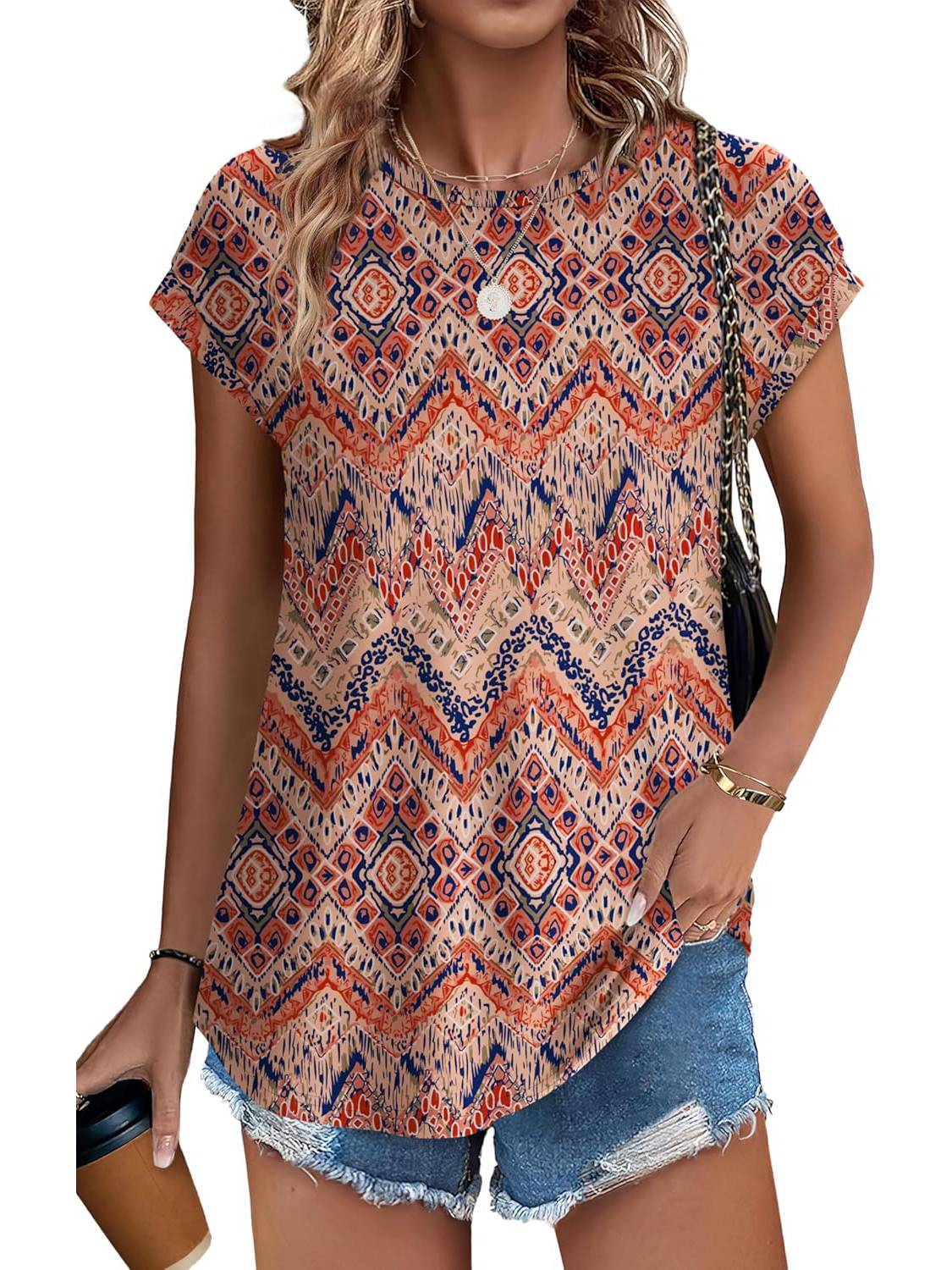 Women's Leaf Print Casual Cap Sleeve Crew Neck