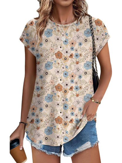 Women's Leaf Print Casual Cap Sleeve Crew Neck