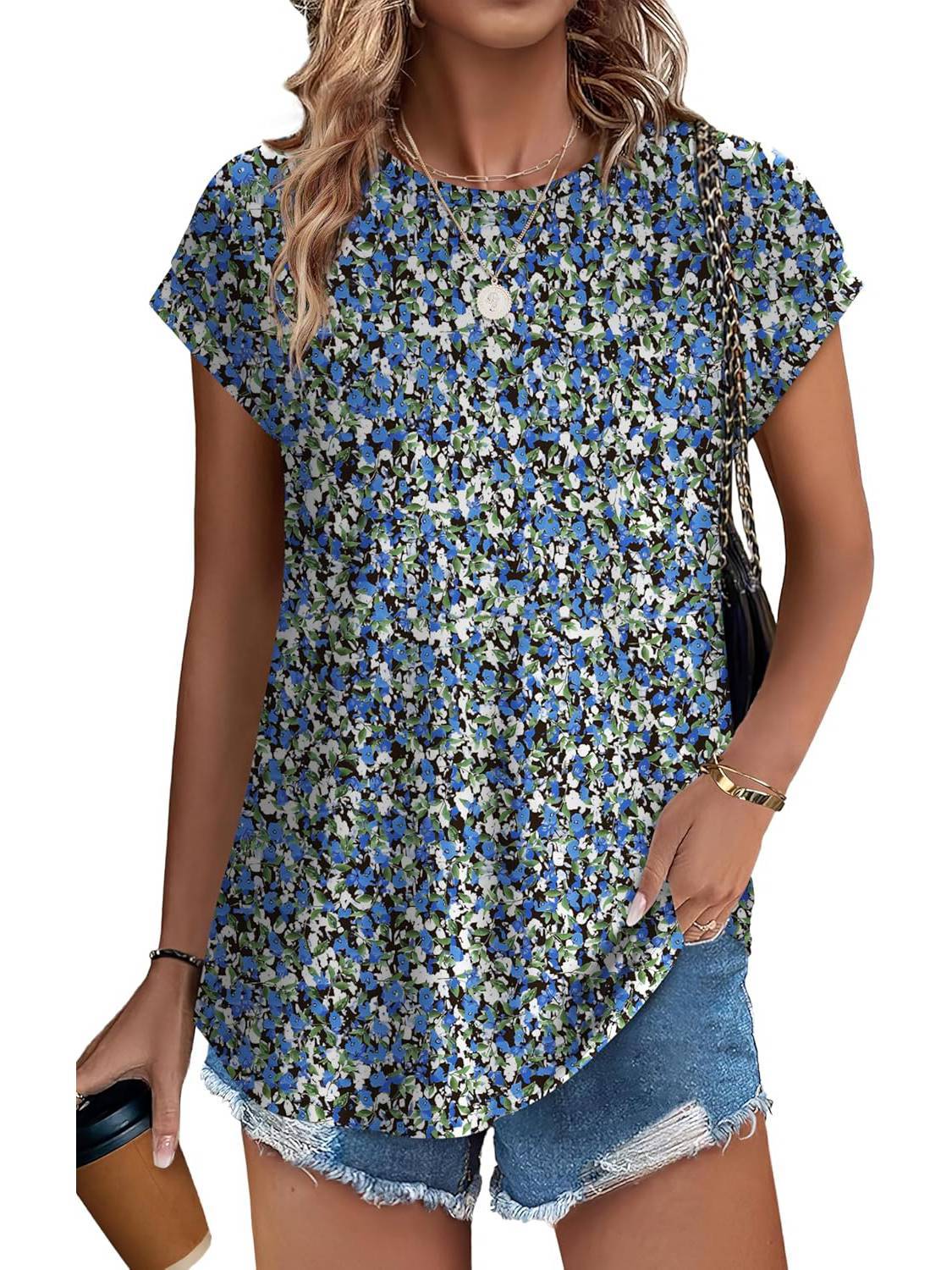 Women's Leaf Print Casual Cap Sleeve Crew Neck