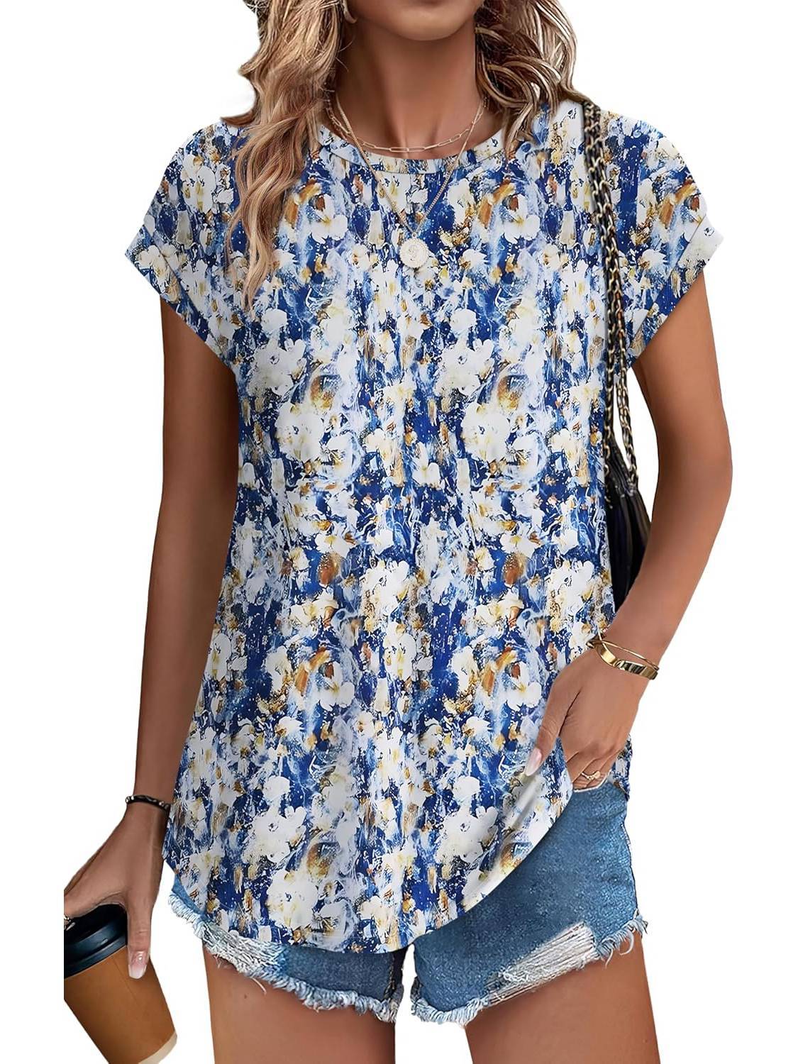 Women's Leaf Print Casual Cap Sleeve Crew Neck