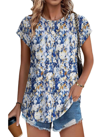 Women's Leaf Print Casual Cap Sleeve Crew Neck