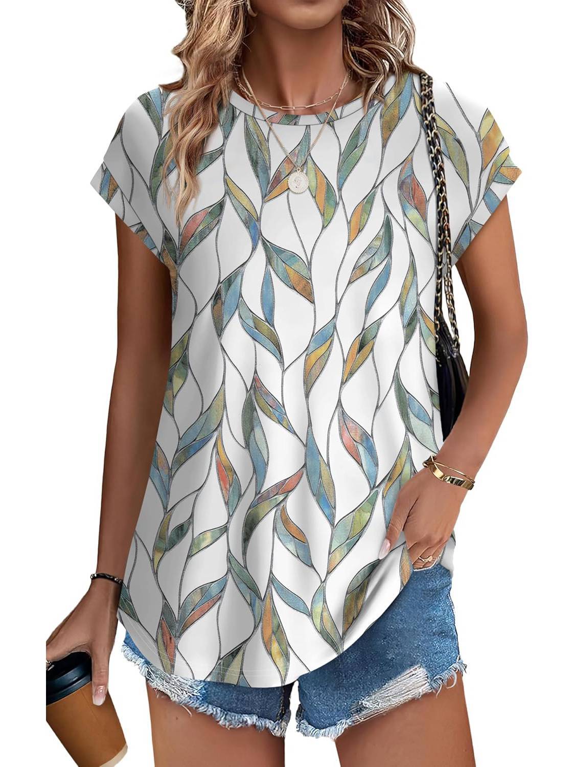 Women's Leaf Print Casual Cap Sleeve Crew Neck - Fashinoza