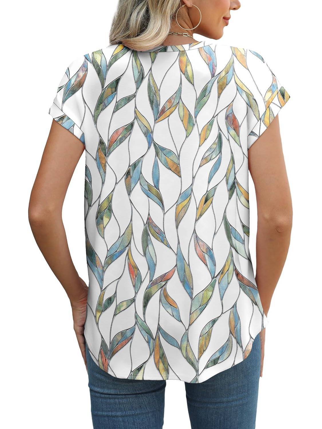 Women's Leaf Print Casual Cap Sleeve Crew Neck