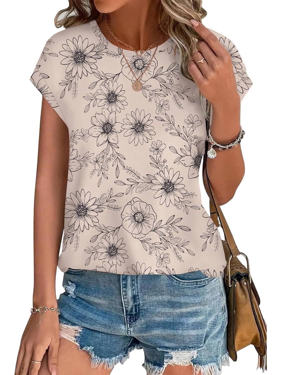 Women's Leaf Print Casual Cap Sleeve Crew Neck