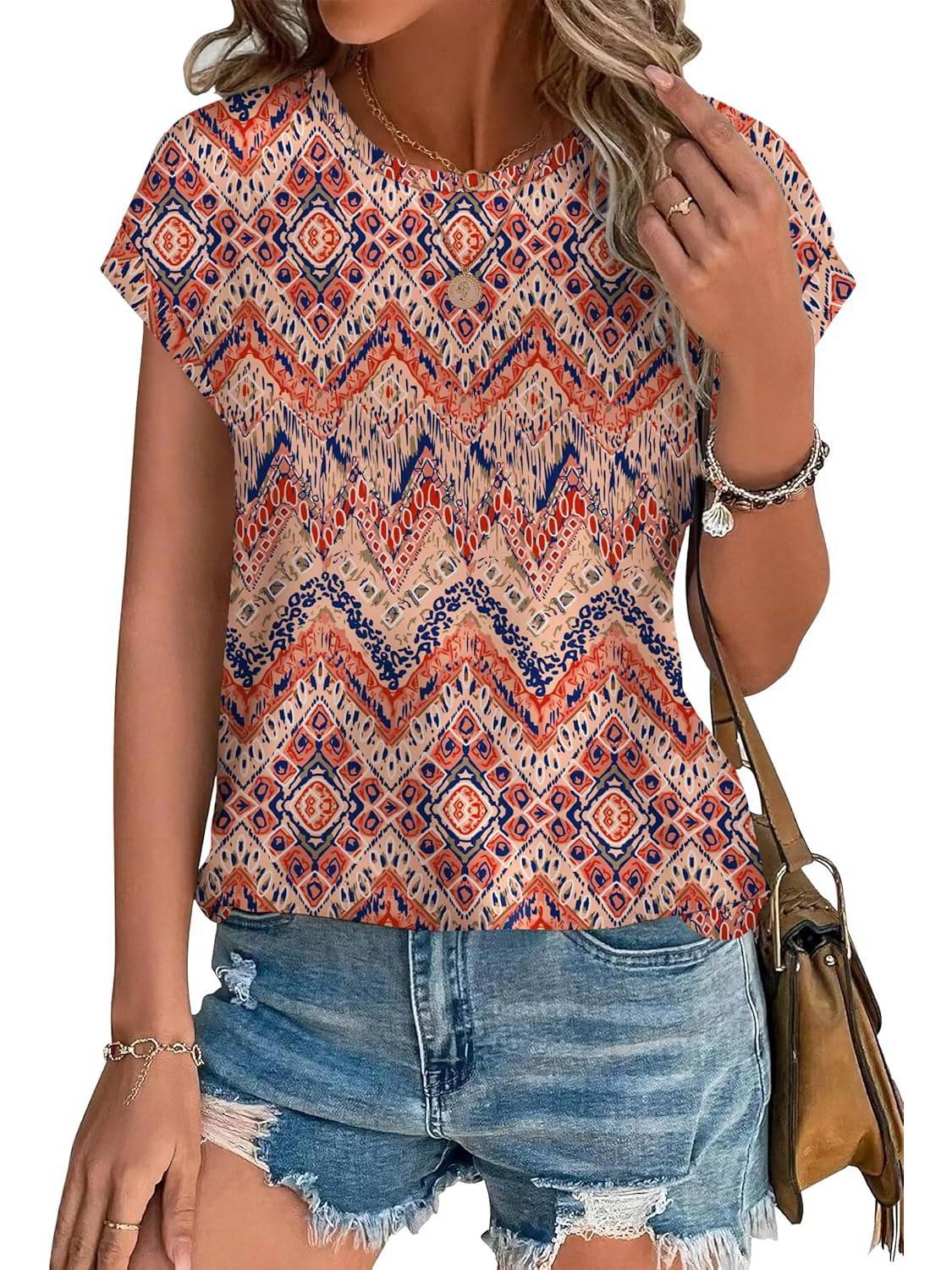 Women's Leaf Print Casual Cap Sleeve Crew Neck