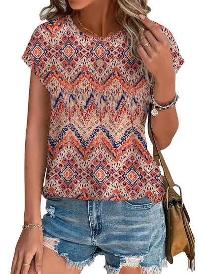 Women's Leaf Print Casual Cap Sleeve Crew Neck