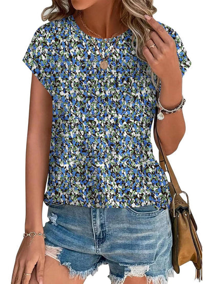 Women's Leaf Print Casual Cap Sleeve Crew Neck