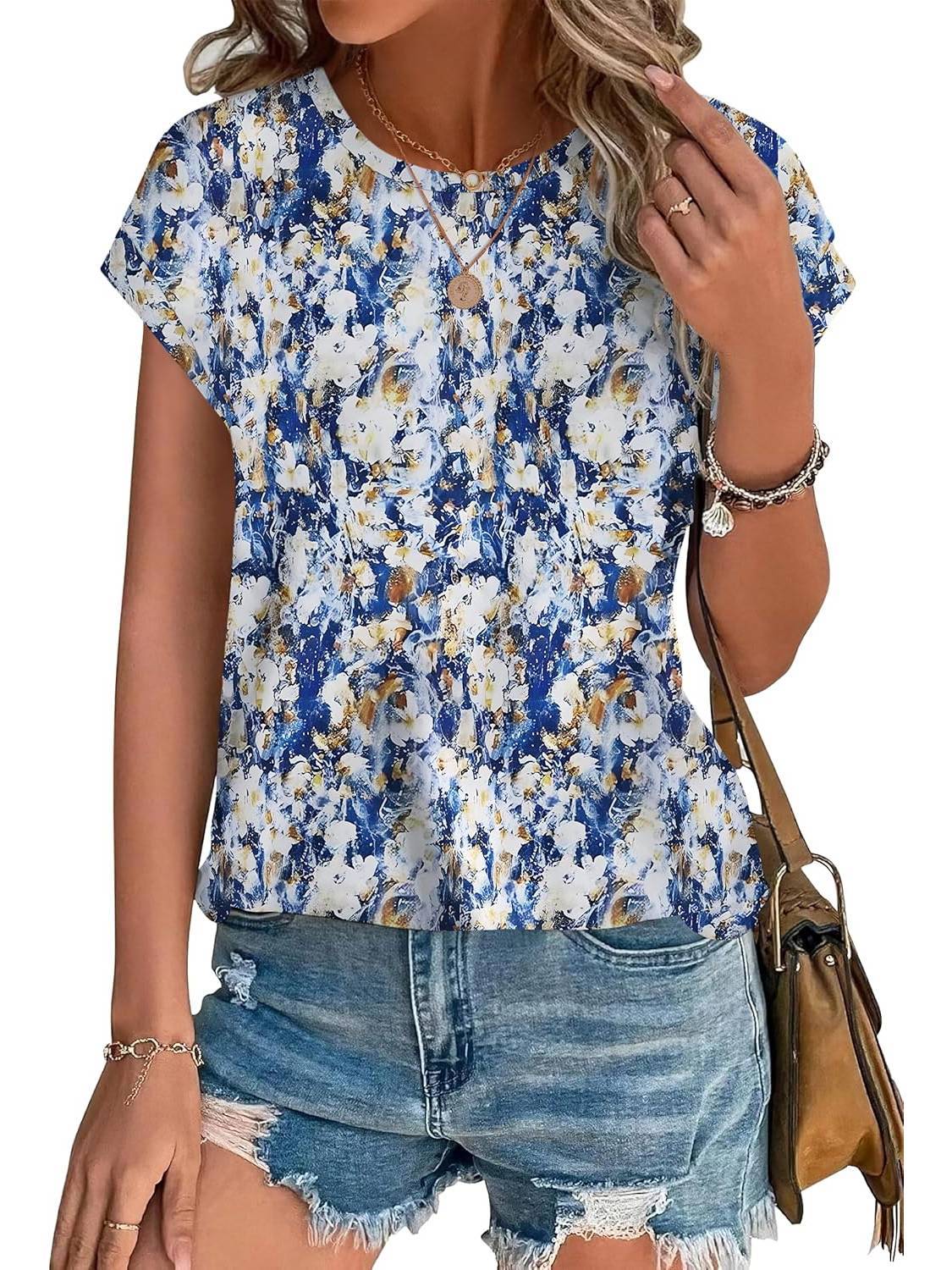 Women's Leaf Print Casual Cap Sleeve Crew Neck