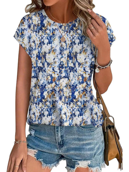 Women's Leaf Print Casual Cap Sleeve Crew Neck