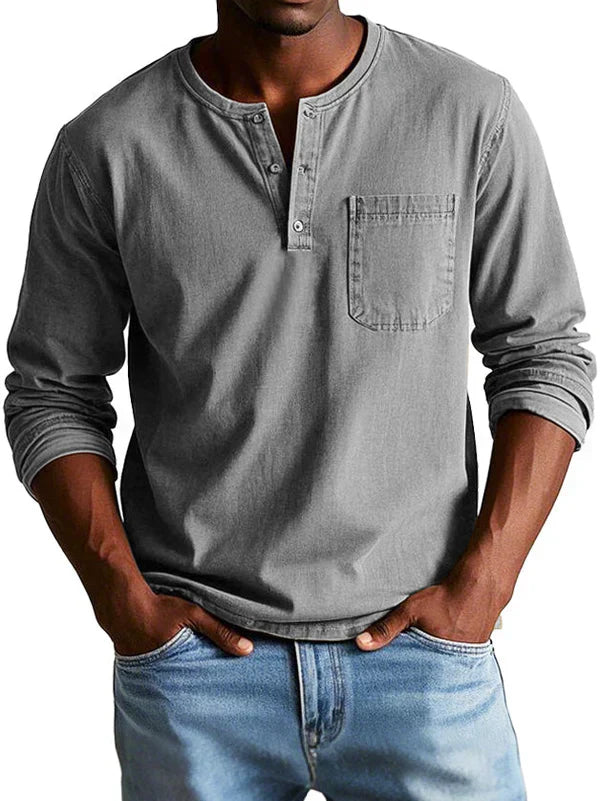 Men's Long Sleeve Henley Shirt Cotton Button Front Chest Pocket